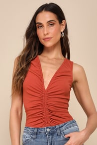 Keep Me In Mind Rust Brown Ribbed Ruched Sleeveless Bodysuit