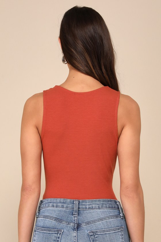 Shop Lulus Keep Me In Mind Rust Brown Ribbed Ruched Sleeveless Bodysuit
