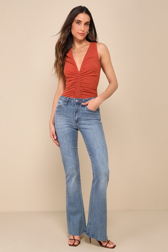 Shop Lulus Keep Me In Mind Rust Brown Ribbed Ruched Sleeveless Bodysuit