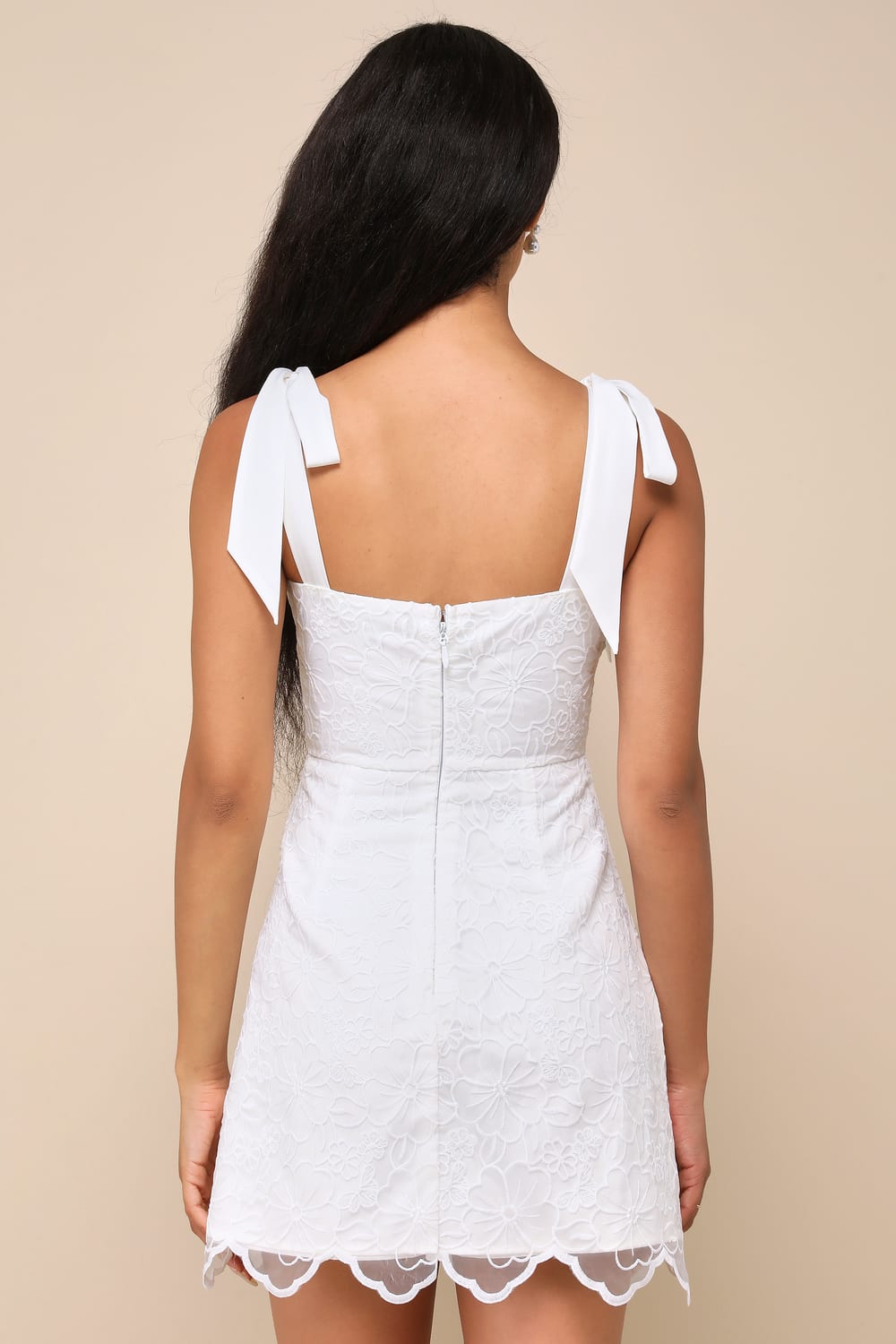 Lovable Aesthetic White Embroidered Tie-Strap Mini Dress