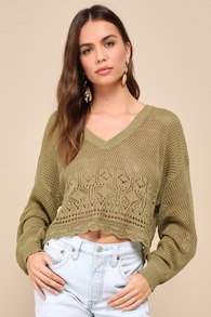 Precious Designs Olive Pointelle Knit Sheer Cropped Sweater
