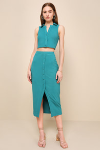 Casual Poise Teal Green Ribbed Two-Piece Sleeveless Midi Dress