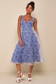 Delightful Impulse Blue Floral Organza Bustier Midi Dress