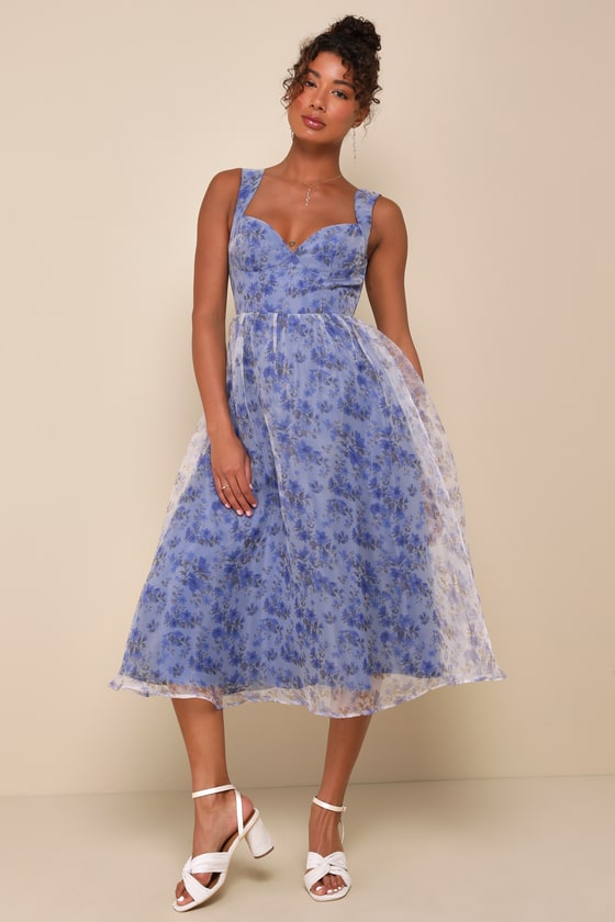 Blue Floral Organza Dress - Bustier Midi Dress - Sleeveless Dress - Lulus
