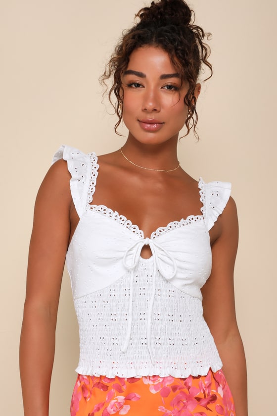 Perfect Sweetness White Eyelet Ruffled Keyhole Smocked Top 2