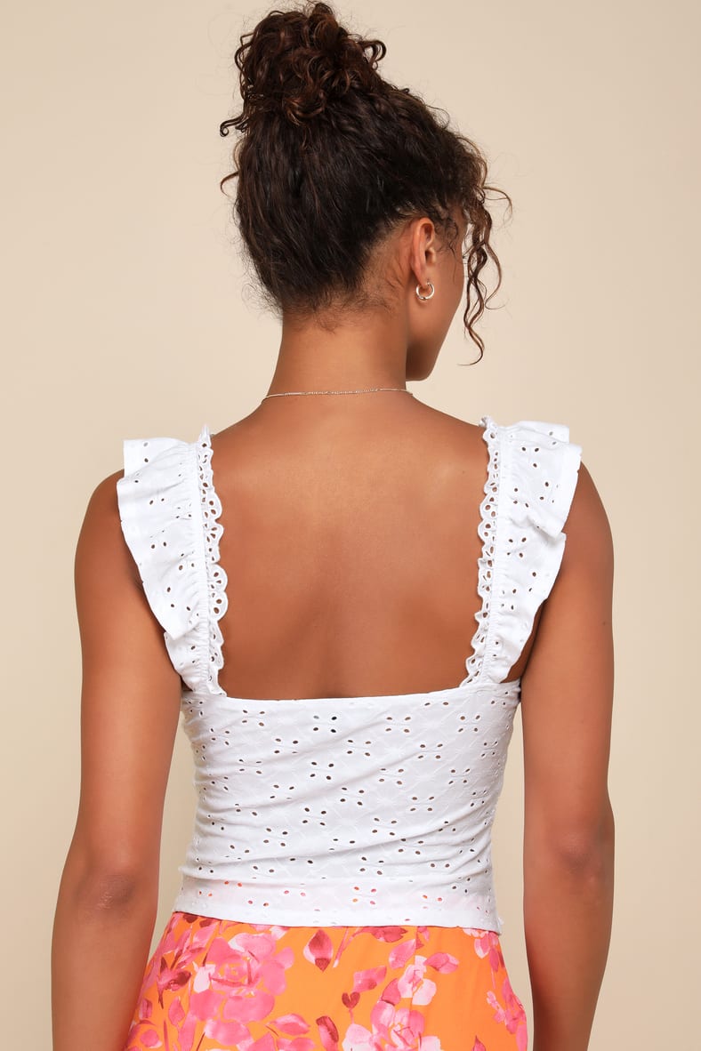 Perfect Sweetness White Eyelet Ruffled Keyhole Smocked Top