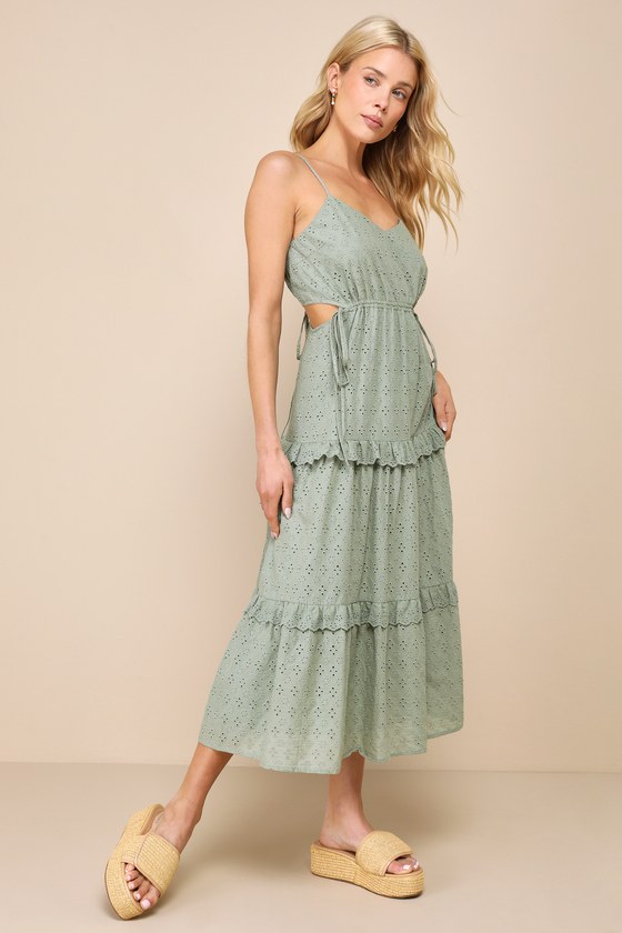 Sage Green Eyelet Dress Embroidered Cutout Dress Midi Dress Lulus