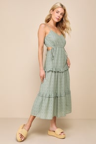 Summertime Babe Sage Green Eyelet Embroidered Cutout Midi Dress