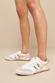 Badminton Off White and Gold Color Block Suede Leather Sneakers