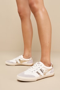 Badminton Off White and Gold Color Block Suede Leather Sneakers 1