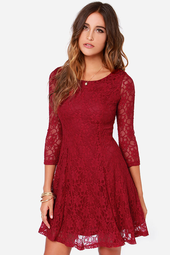 Pretty Wine Red Dress - Lace Dress - Long Sleeve Dress - $47.00 - Lulus