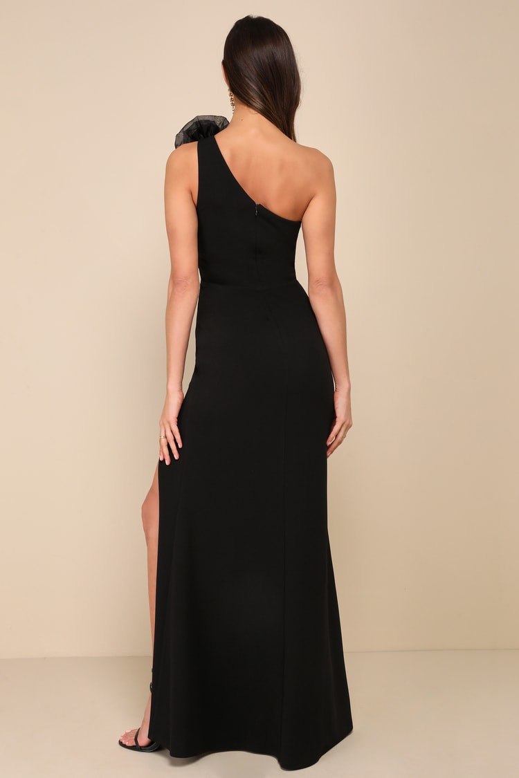 Divine Poise Black One-Shoulder Rosette Mermaid Maxi Dress