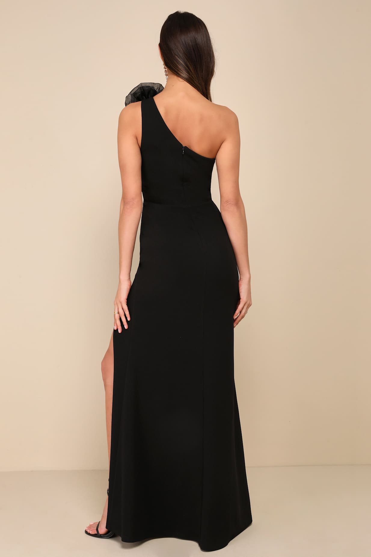 Divine Poise Black One-Shoulder Rosette Mermaid Maxi Dress