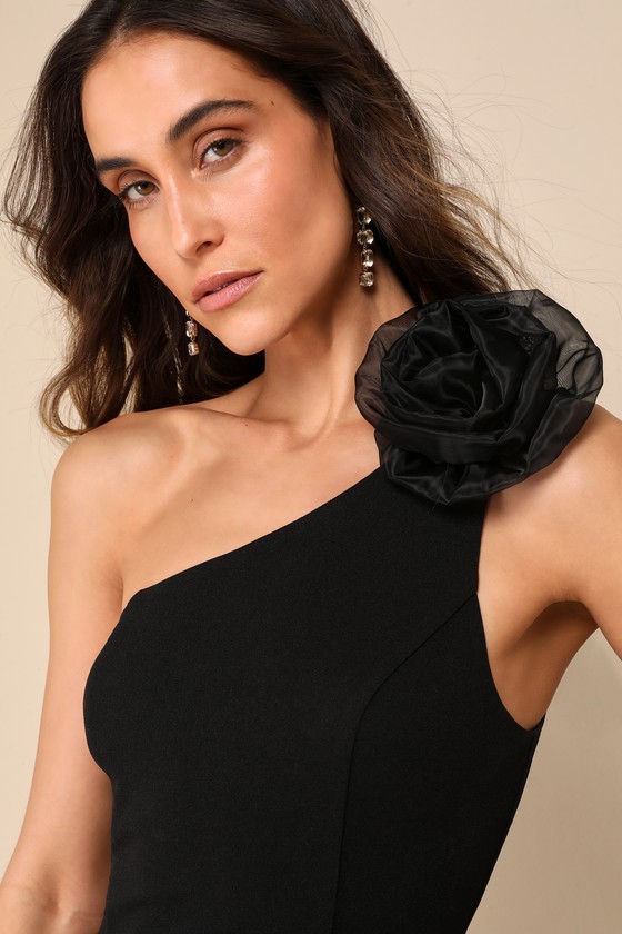 Lulus Divine Poise Black One-shoulder Rosette Mermaid Maxi Dress In Black