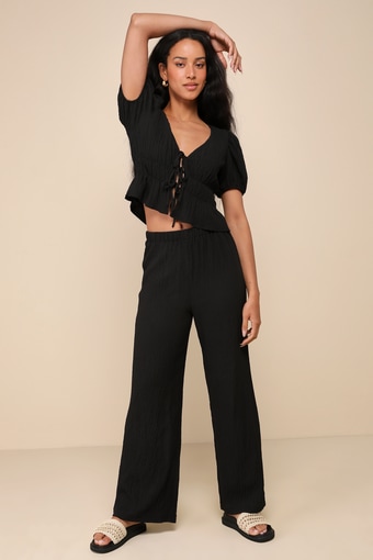 Popular Personality Black Textured High-Rise Wide-Leg Pants