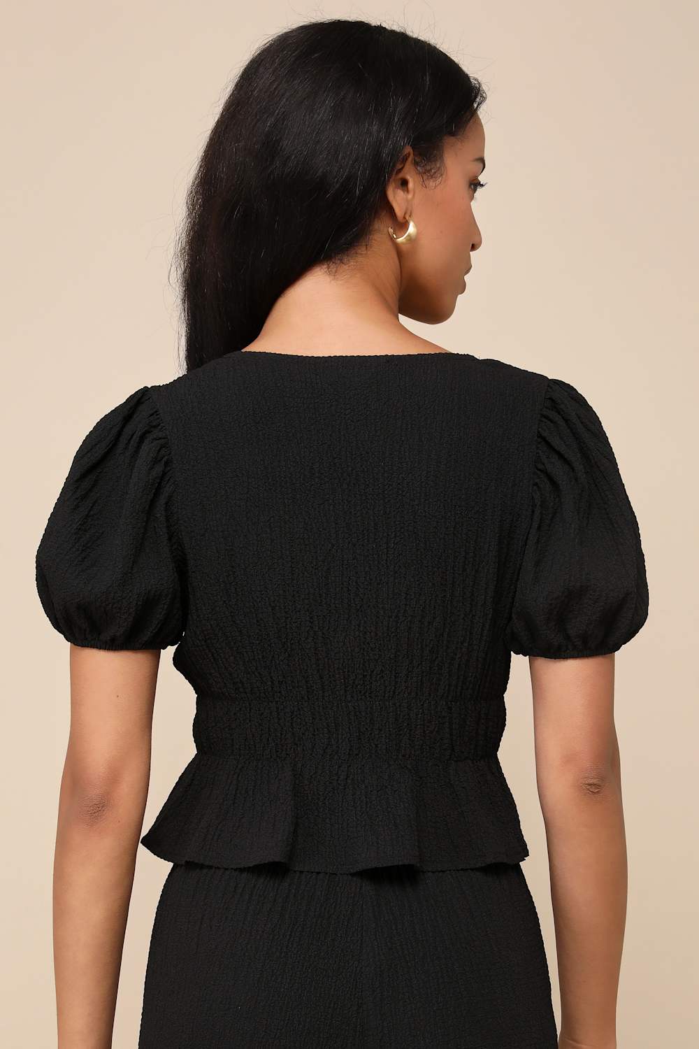 Popular Personality Black Textured Tie-Front Puff Sleeve Top