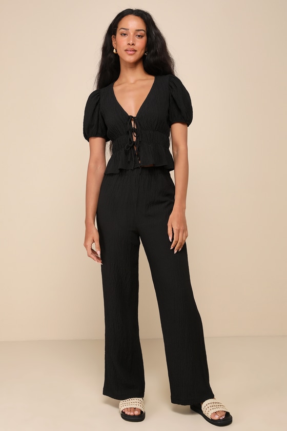 Popular Personality Black Textured Tie-Front Puff Sleeve Top 4