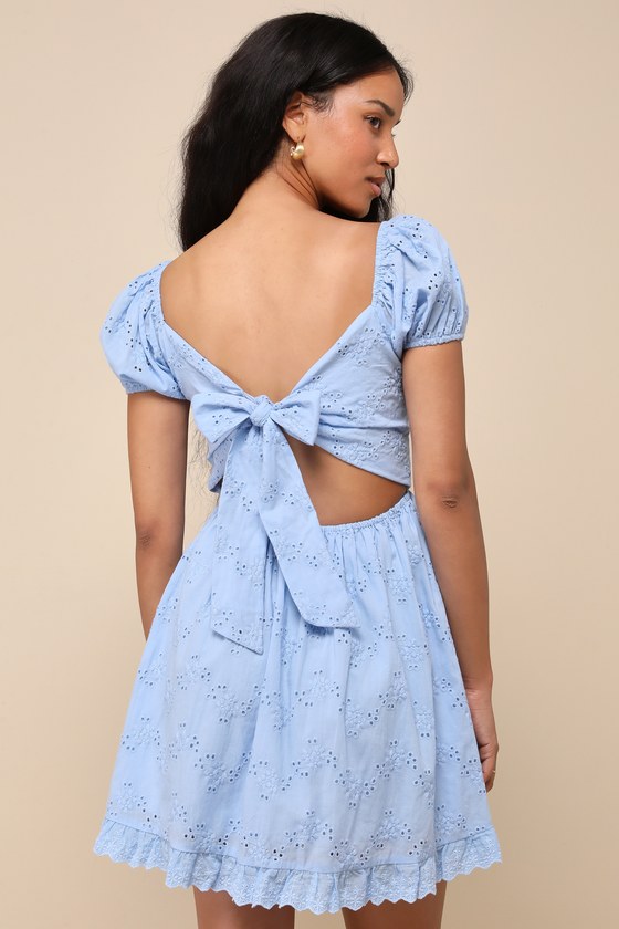 Lulus Adorable Forecast Light Blue Embroidered Tie-back Mini Dress In Light Blue