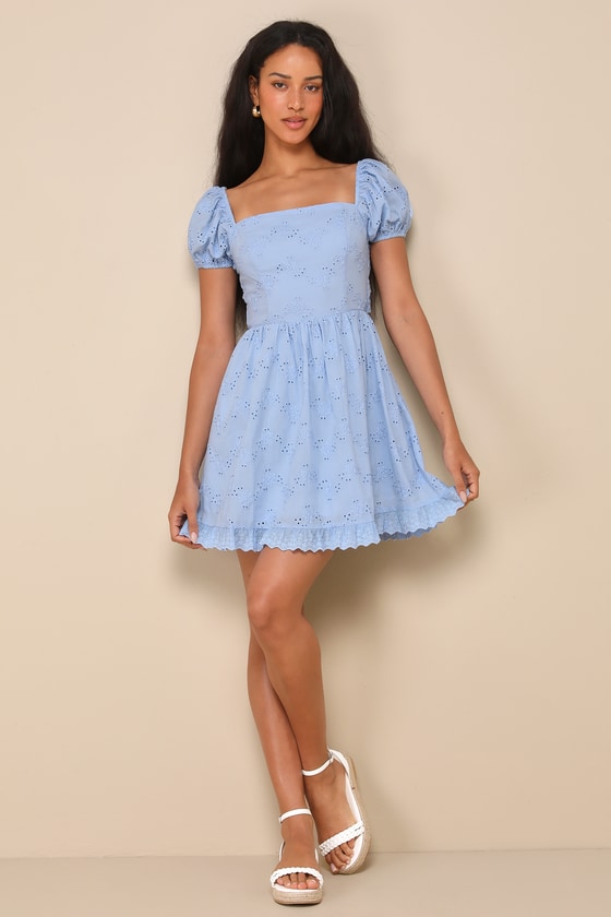 Lulus Adorable Forecast Light Blue Embroidered Tie-back Mini Dress In Light Blue