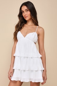 Sleek Dedication White Satin Plisse Cutout Tiered Mini Dress 2