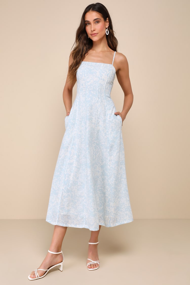 White and Blue Floral Dress - Midi Dress - Dress With Pockets