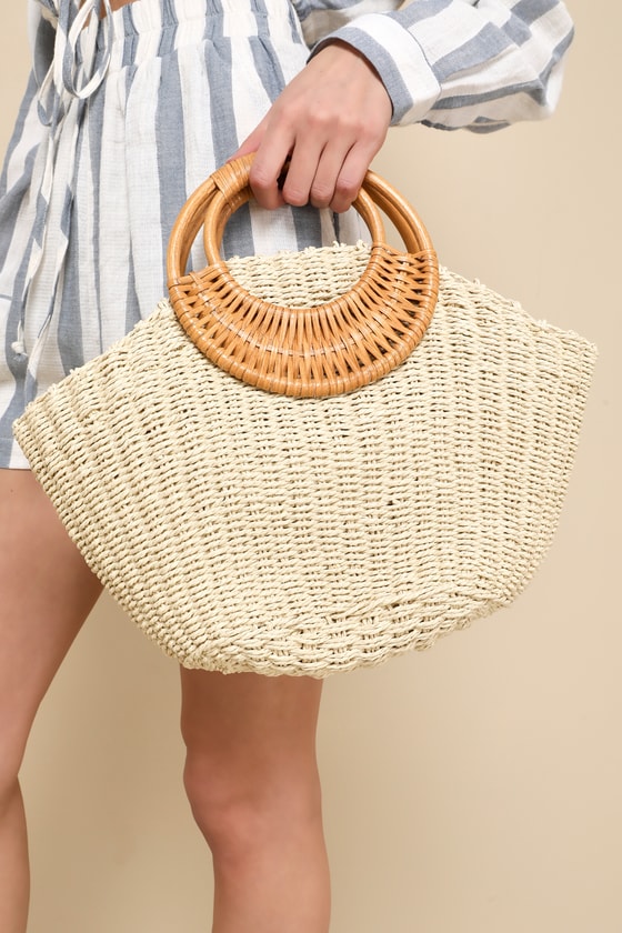 Shop Lulus Beachy Ideal Beige Woven Straw Circle Handle Bag