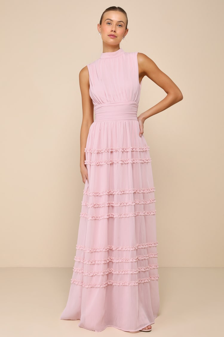 white christmas dresses Strapless Pink Chiffon Pleated Tiered Maxi Dress – Dressesforparty