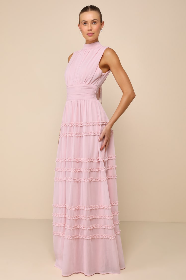 Enchantingly Sweet Blush Pink Chiffon Backless Maxi Dress