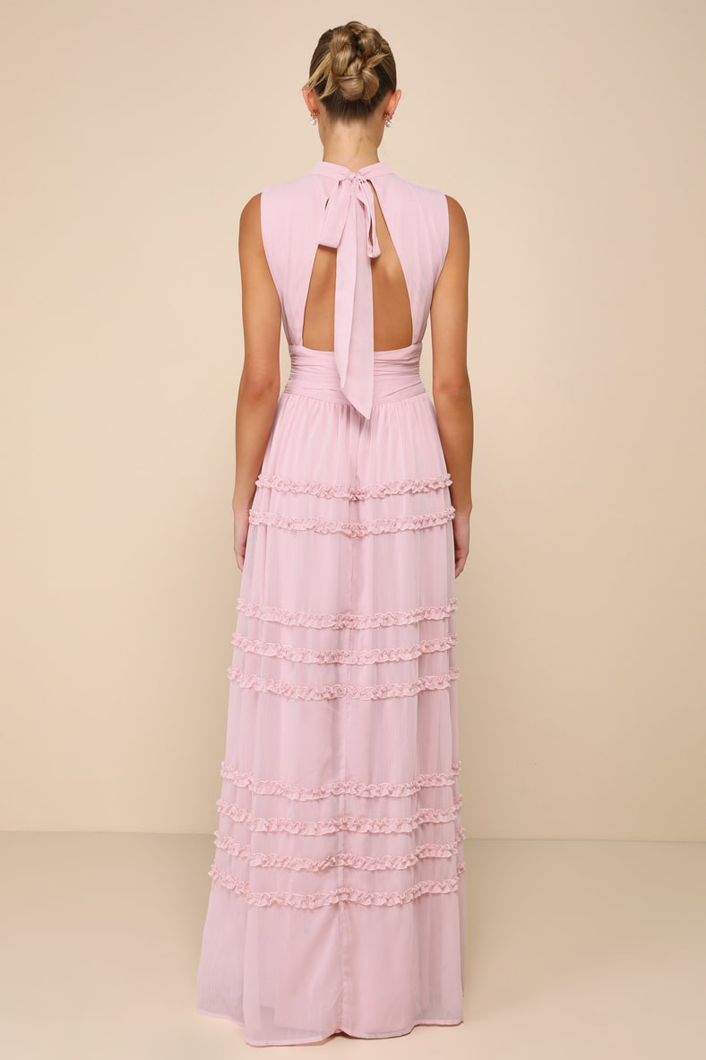 Enchantingly Sweet Blush Pink Chiffon Backless Maxi Dress