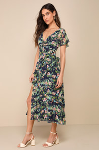 Next to You Navy Blue Floral Print Ruffled Backless Midi Dress
