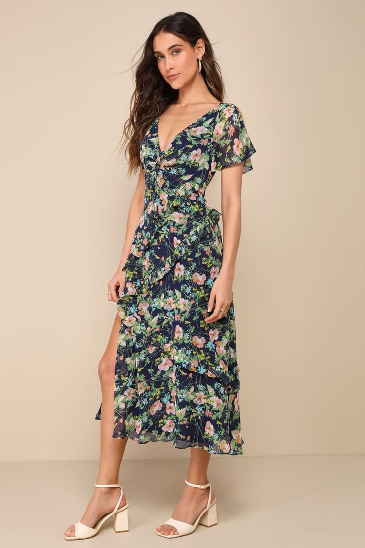 Blue Floral Print Dress - Backless Midi Dress - Ruffled Dress - Lulus Blue Floral Print Dress - Backless Midi Dress - Ruffled Dress - Lulus