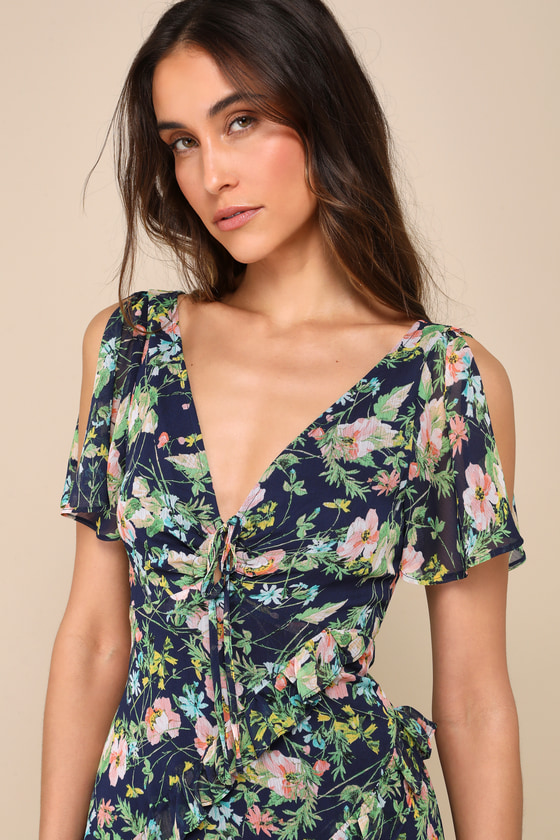 Shop Lulus Next To You Navy Blue Floral Print Ruffled Backless Midi Dress