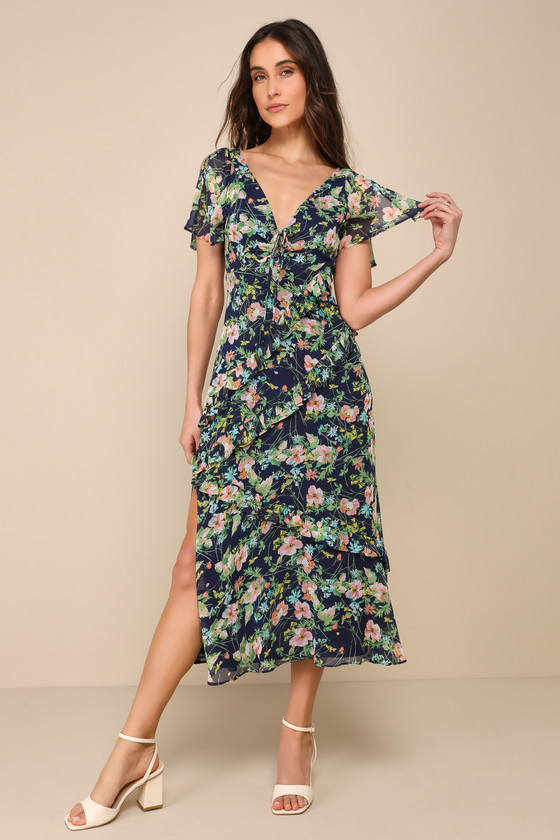 Shop Lulus Next To You Navy Blue Floral Print Ruffled Backless Midi Dress