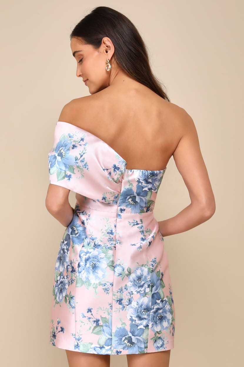 Soiree Darling Pink Floral Bow Off-the-Shoulder Mini Dress