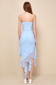 Iconic Babe Light Blue Mesh Asymmetrical Strapless Midi Dress