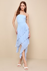 Iconic Babe Light Blue Mesh Asymmetrical Strapless Midi Dress