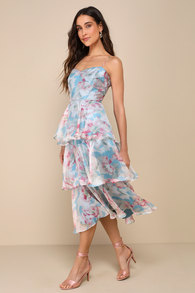 Darling Aesthetic Light Blue Floral Print Tiered Midi Dress