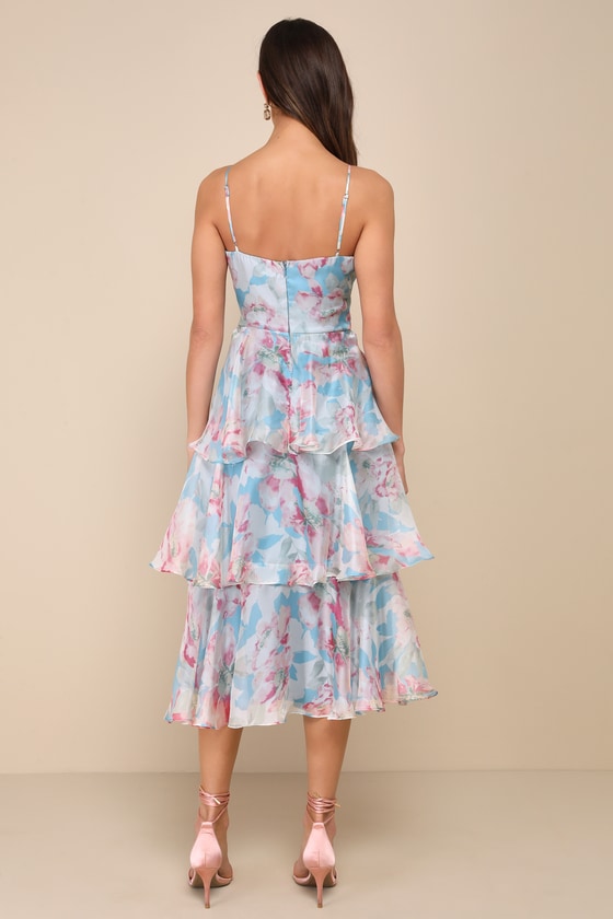 Shop Lulus Darling Aesthetic Light Blue Floral Print Tiered Midi Dress