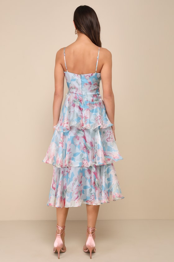 Lulus Darling Aesthetic Light Blue Floral Print Tiered Midi Dress In Light Blue