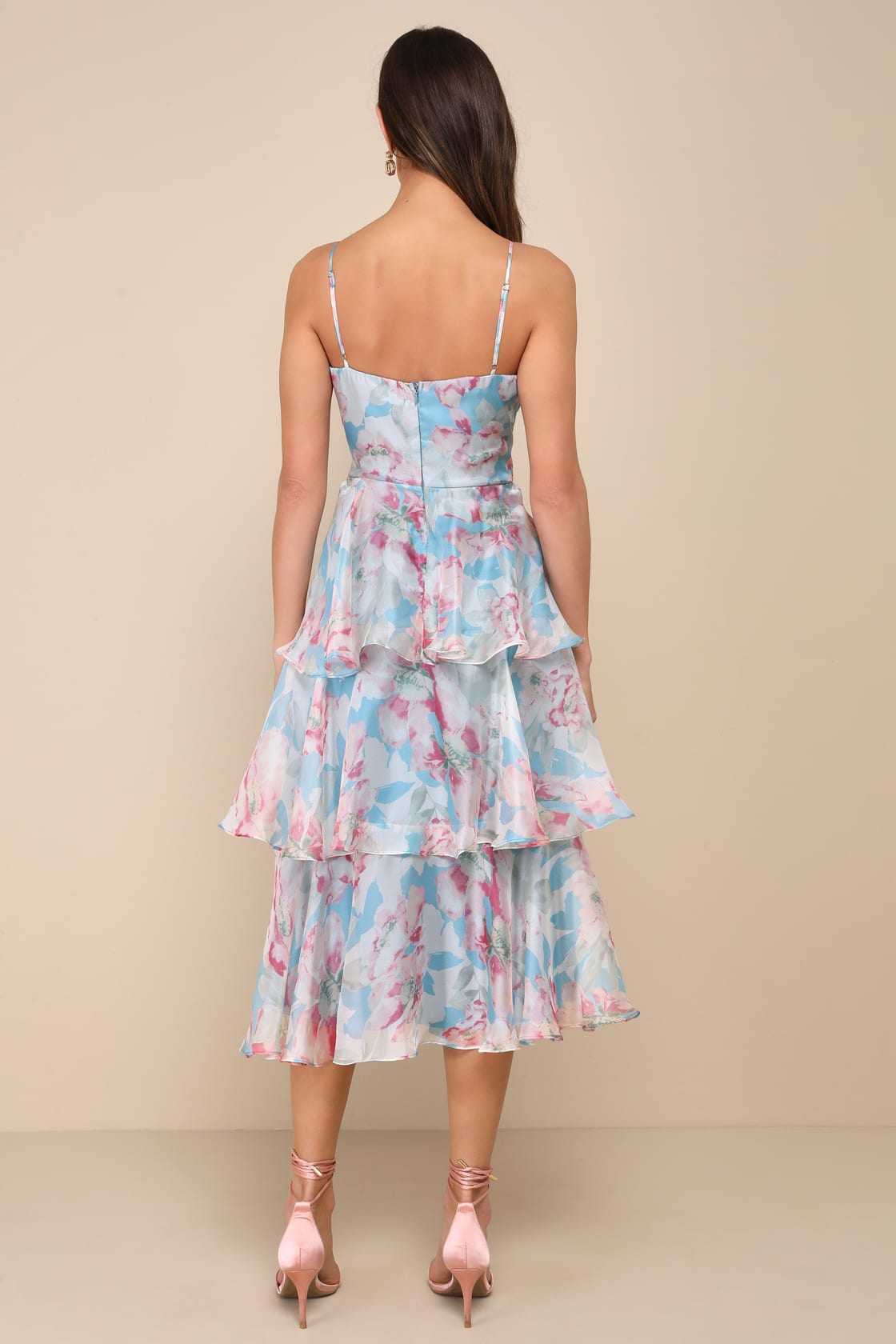 Darling Aesthetic Light Blue Floral Print Tiered Midi Dress