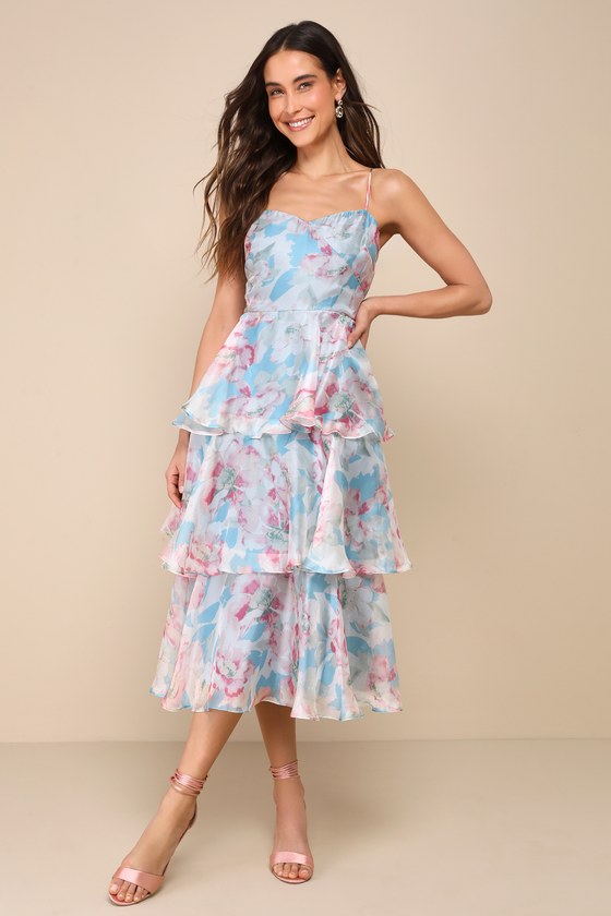 Lulus Darling Aesthetic Light Blue Floral Print Tiered Midi Dress In Light Blue