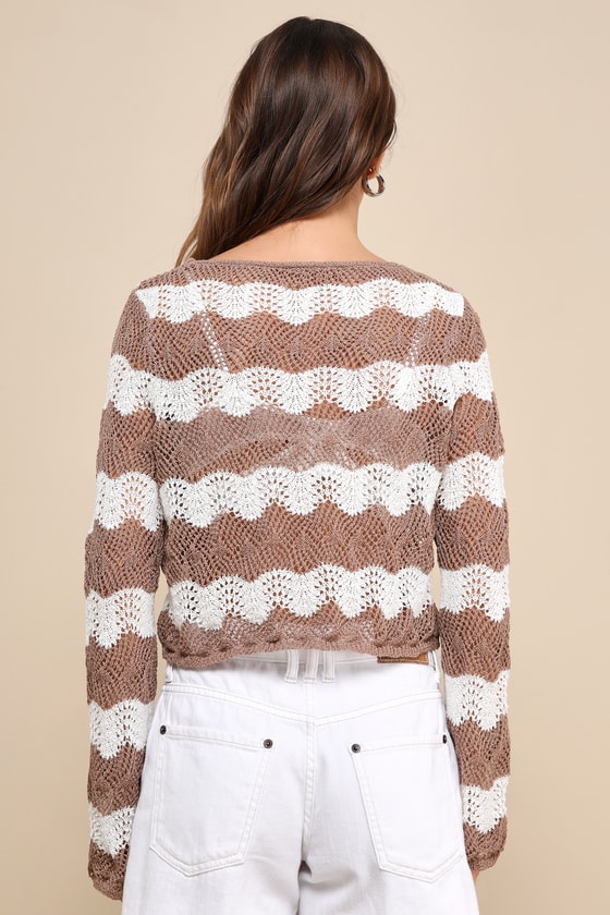 Shop Lulus Natural Sweetheart Tan And White Striped Crochet Sweater Top