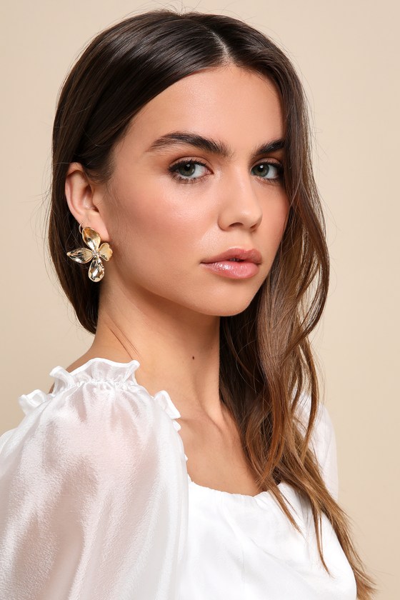 Shop Lulus Gorgeous Intention Gold Rhinestone Flower Statement Earrings
