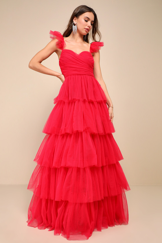 Lulus Fabulous Poise Bright Red Tulle Ruffled Tiered Maxi Dress