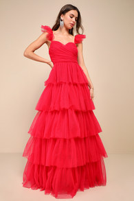 Fabulous Poise Bright Red Tulle Ruffled Tiered Maxi Dress