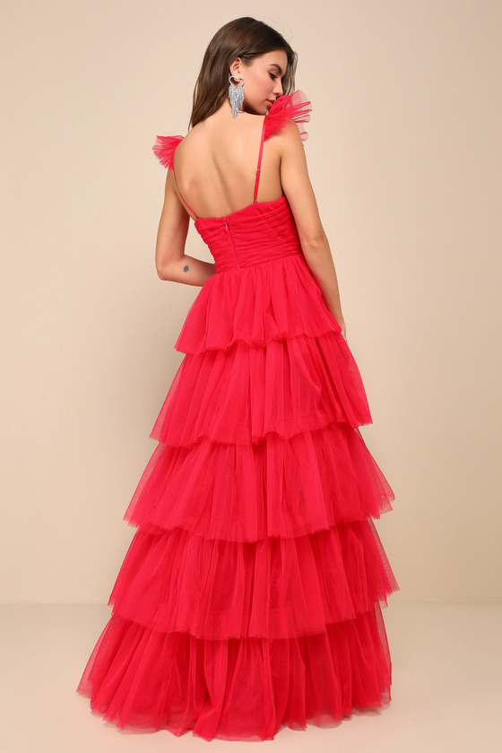 Lulus Fabulous Poise Bright Red Tulle Ruffled Tiered Maxi Dress In Red