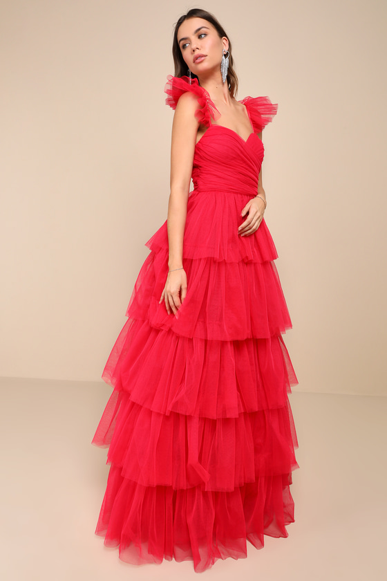 Shop Lulus Fabulous Poise Bright Red Tulle Ruffled Tiered Maxi Dress