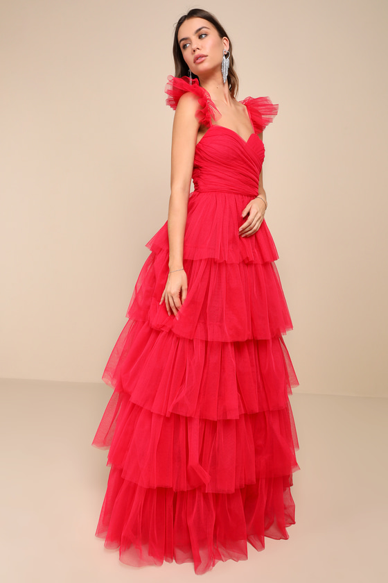 Lulus Fabulous Poise Bright Red Tulle Ruffled Tiered Maxi Dress In Red