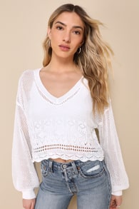 Precious Designs White Pointelle Knit Sheer Cropped Sweater