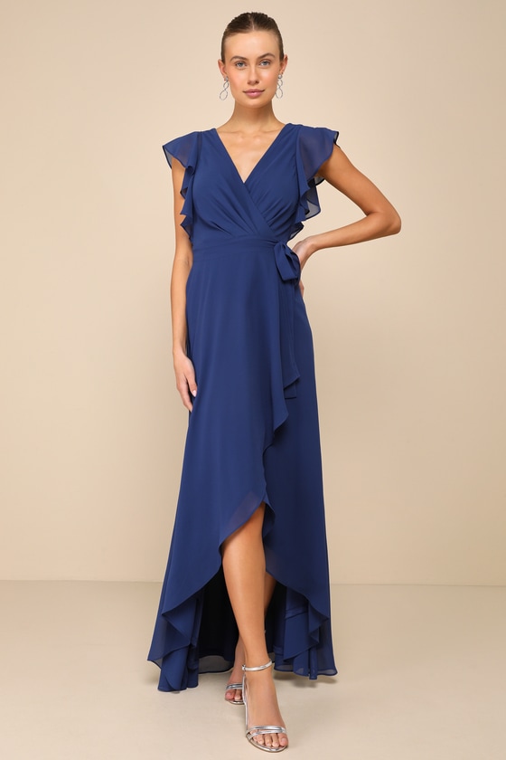 Shop Lulus Ravishing Charm Dark Blue Ruffled Wrap High-low Maxi Dress